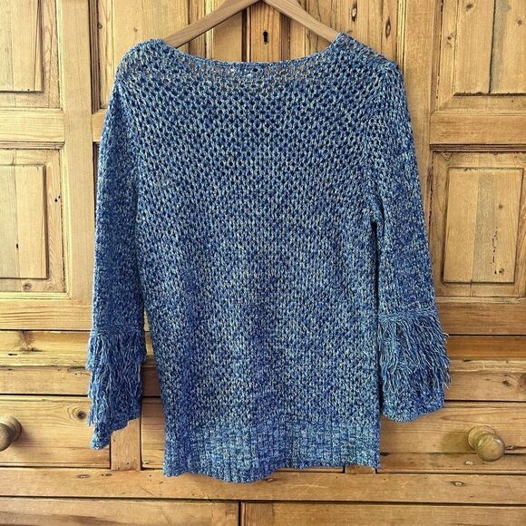 Women's Tyler Boe 8 Blue White Open Knit Fringe Sleeve Sweater - Picture 7 of 10